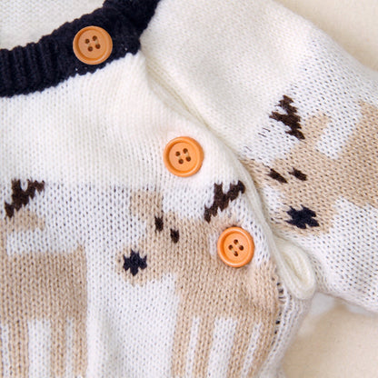 Baby Christmas Reindeer Pattern Shoulder Button Design Sweater Rompers