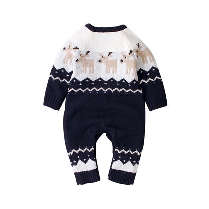 Baby Christmas Reindeer Pattern Shoulder Button Design Sweater Rompers