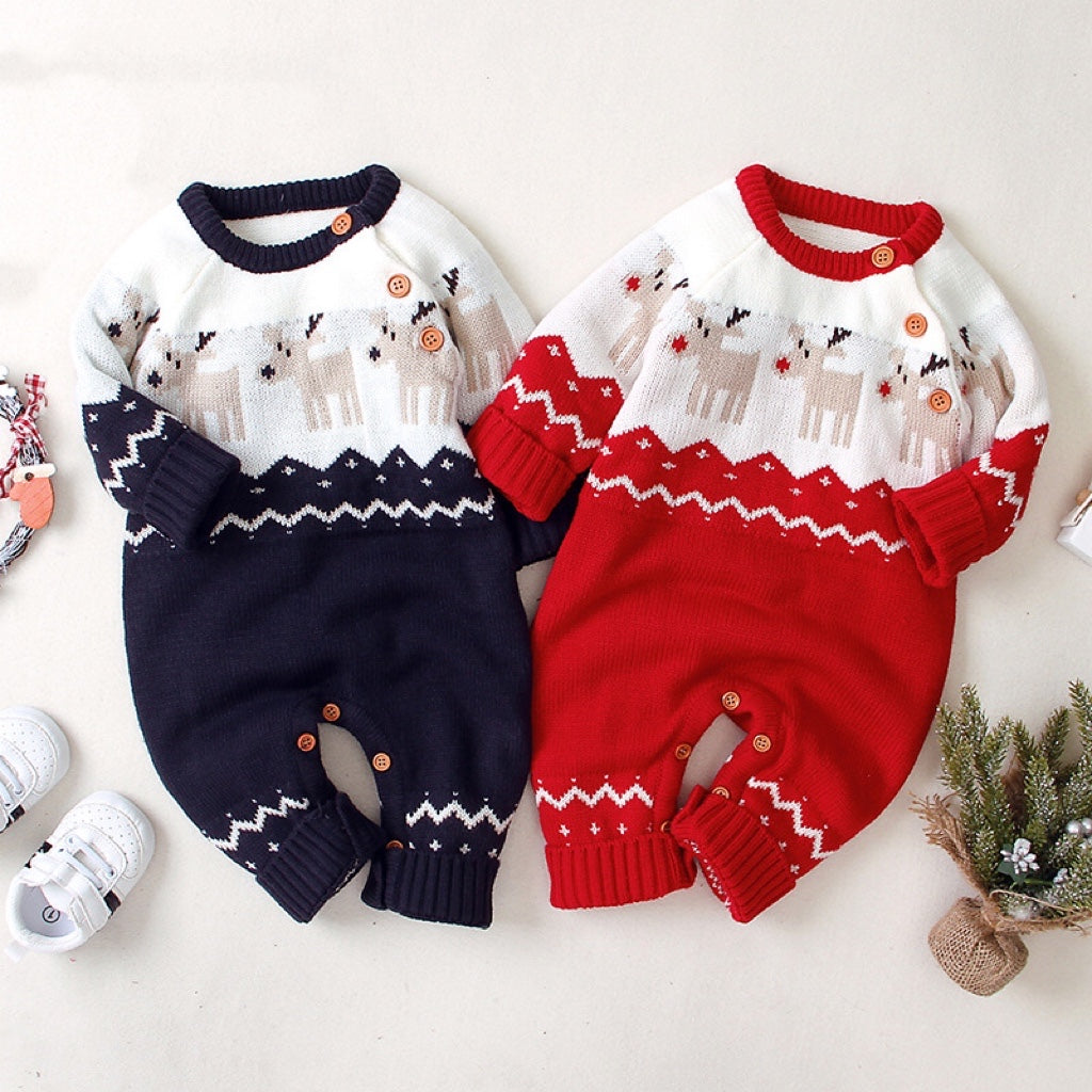 Baby Christmas Reindeer Pattern Shoulder Button Design Sweater Rompers