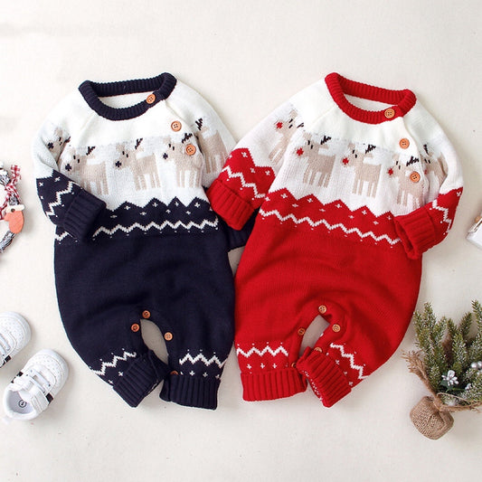 Baby Christmas Reindeer Pattern Shoulder Button Design Sweater Rompers