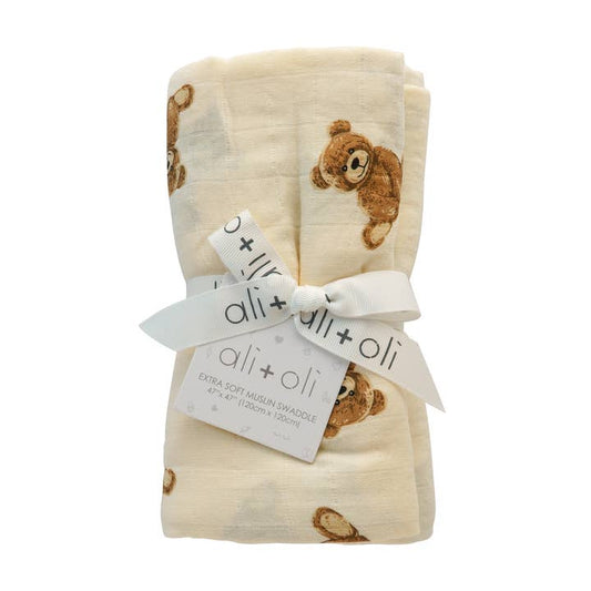 Teddy Bear Bamboo Muslin Swaddle Blanket | Baby Shower Gift, Newborn Essentials