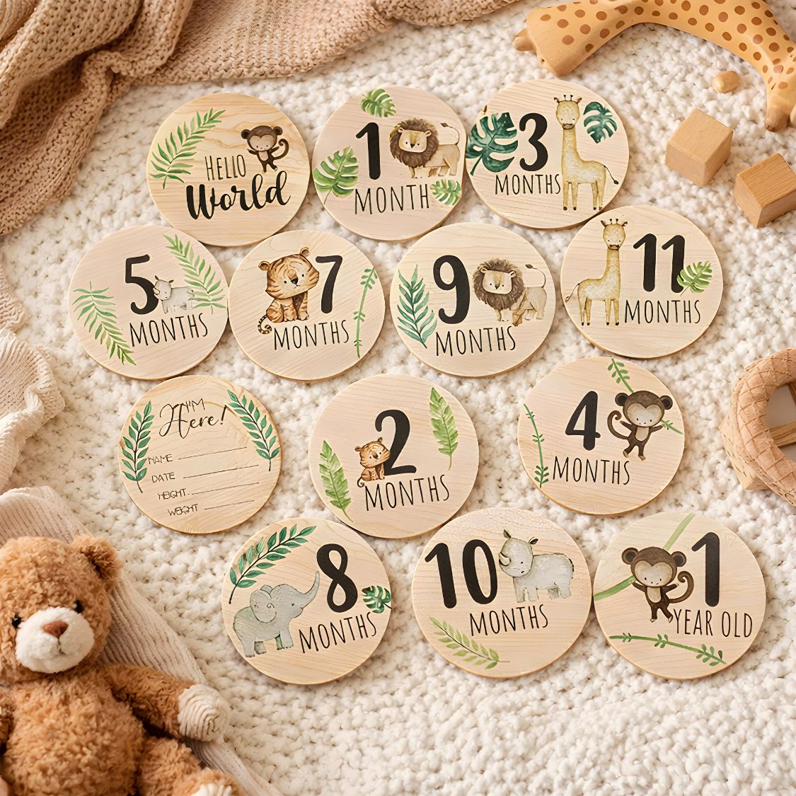 Wooden Baby Milestone Cards – Safari Jungle Theme | 7 Double-Sided Monthly Photo Props (Hello World to 1 Year)